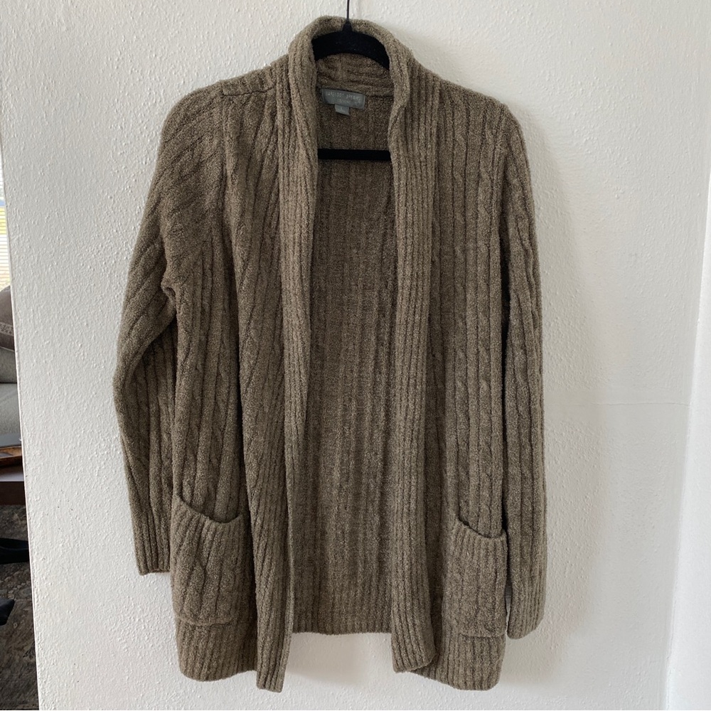 Barefoot Dreams CozyChic Lite Cable Open Knit Cardigan Loden Olive Large - Picture 2 of 7